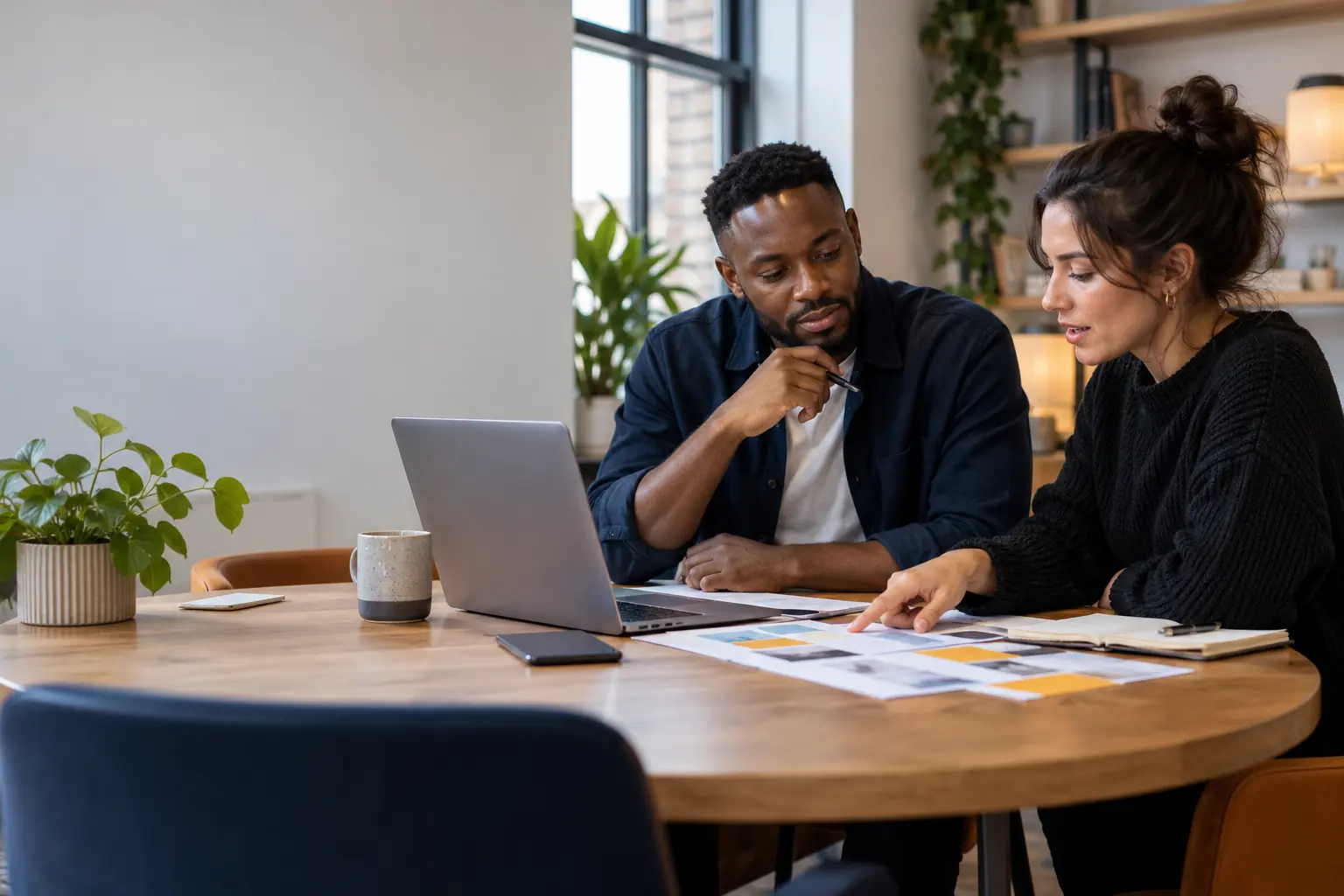 Discussing a website and marketing plan Two people review printed page layouts together beside an open laptop.