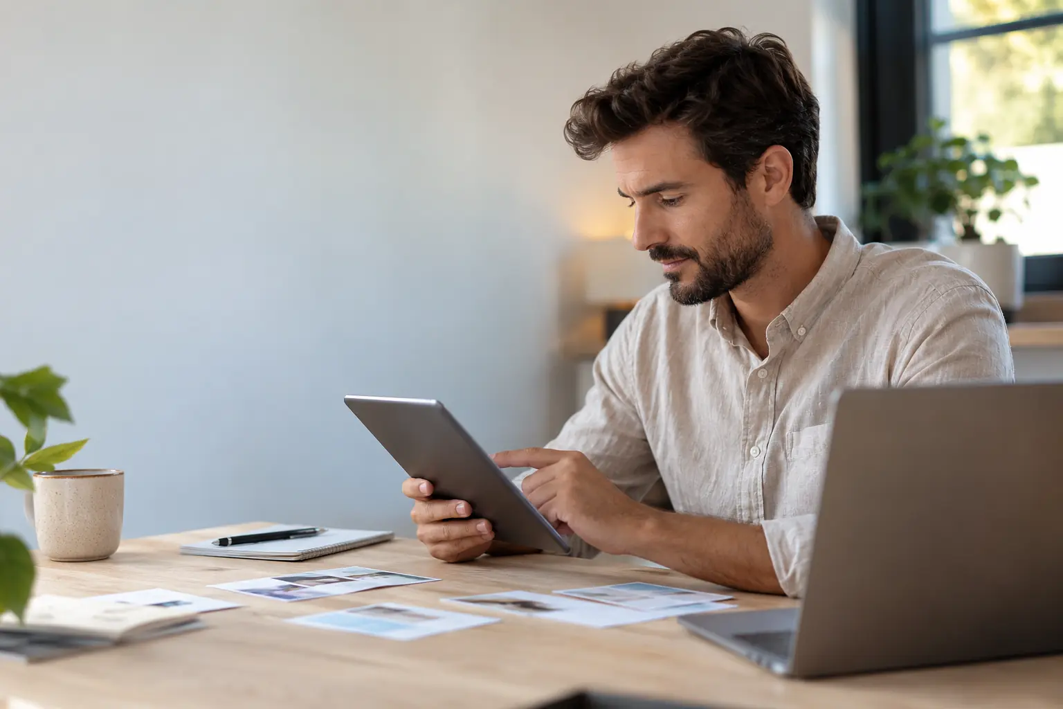 A man uses a tablet beside an open laptop and printed website layouts.