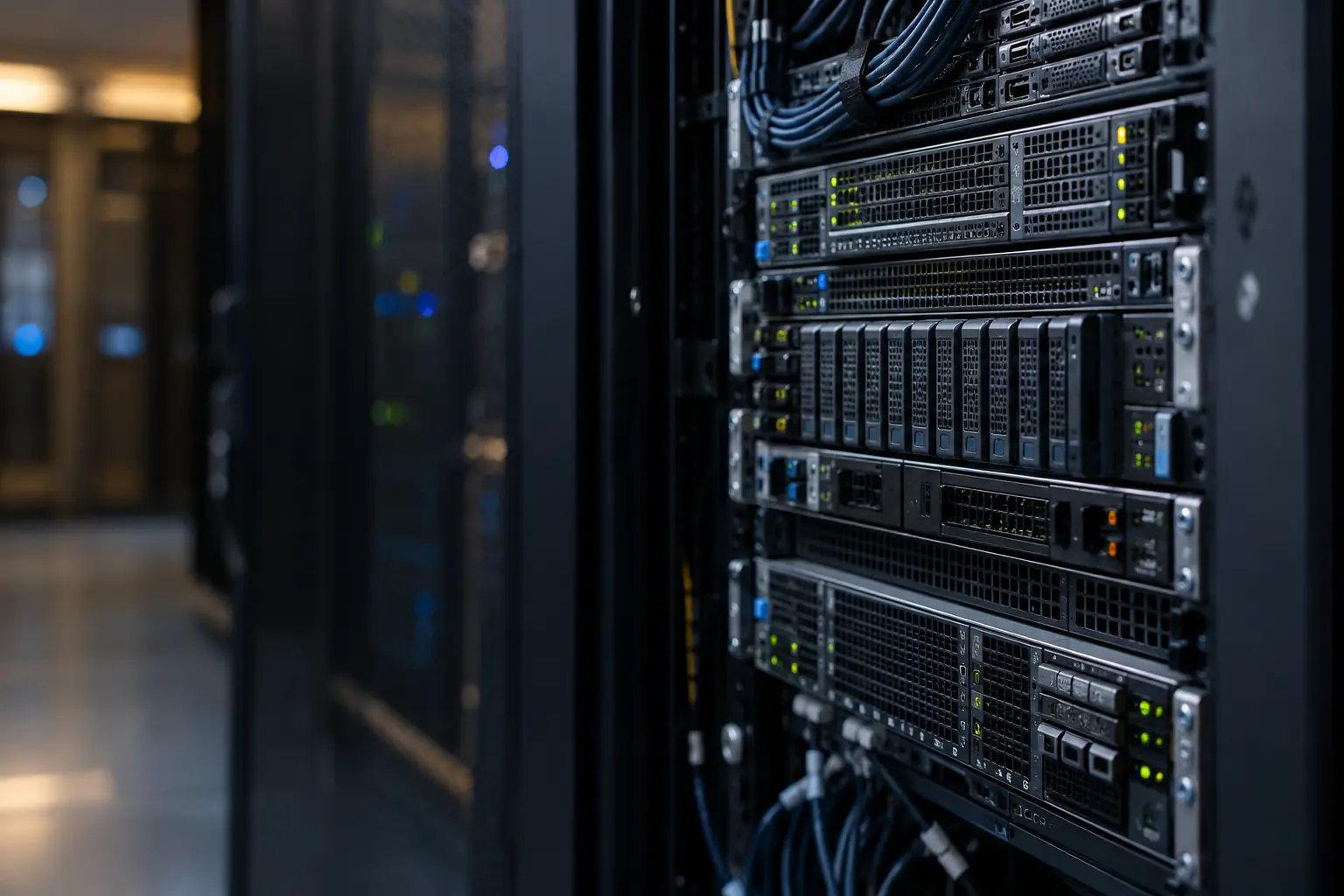 Close view of rack-mounted server hardware Rack-mounted servers and bundled cables are visible inside an equipment cabinet.