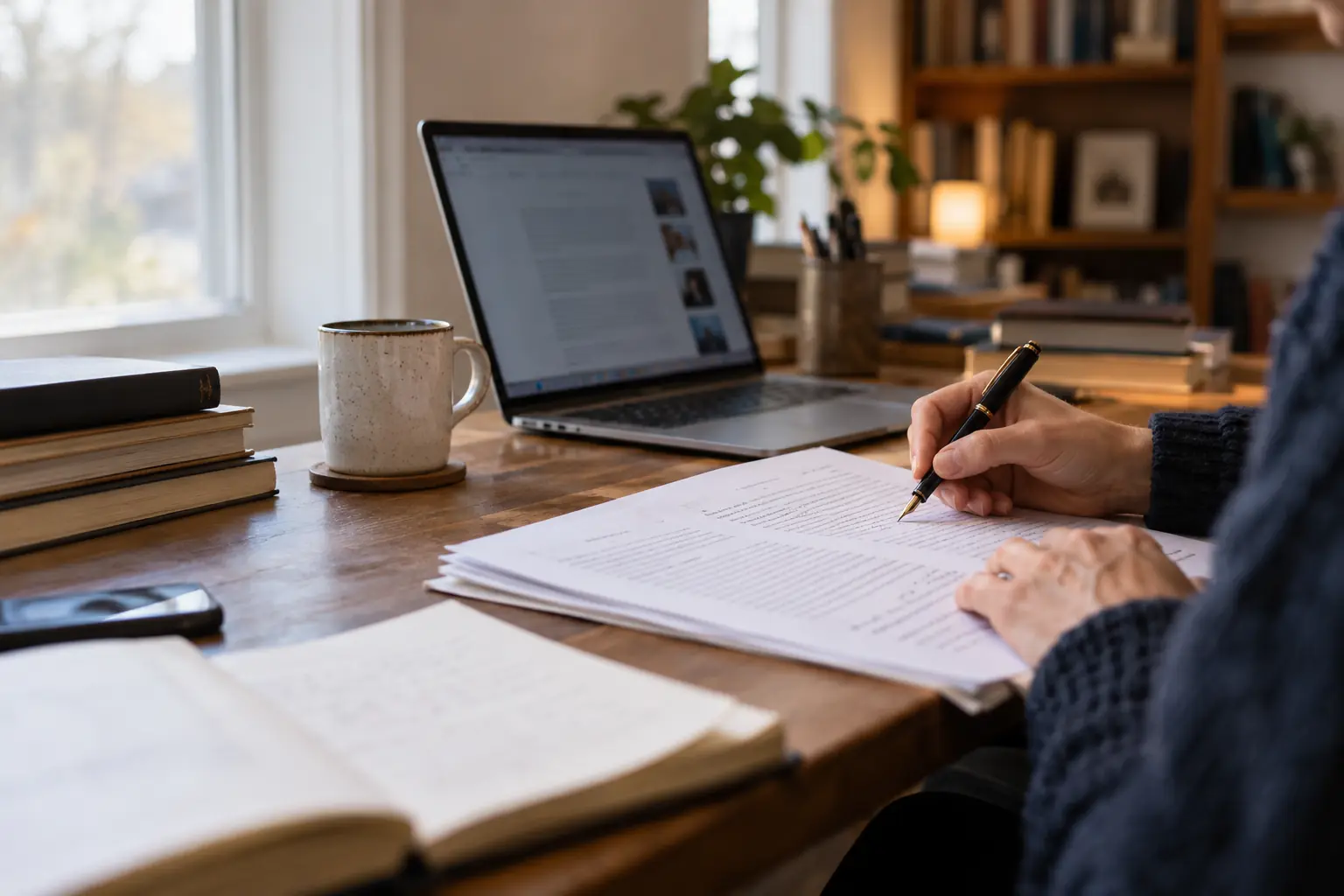 A person marks a printed draft with a pen beside an open laptop and books.